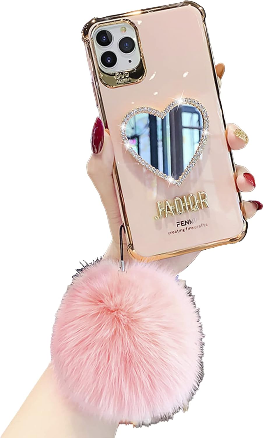Anloes Funda para teléfono con espejo de maquillaje, lujosa funda con marco en forma de corazón, bonita funda protectora brillante para iPhone