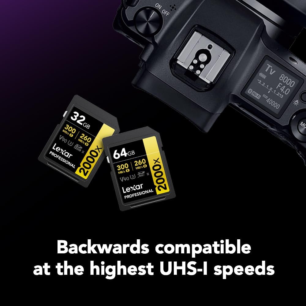 Lexar Tarjeta de memoria SDXC profesional de 64 GB, 2000x, UHS-II, C10, U3, V90, video Full-HD y 8K, lectura de hasta 300 MBs, para cámaras DSLR,