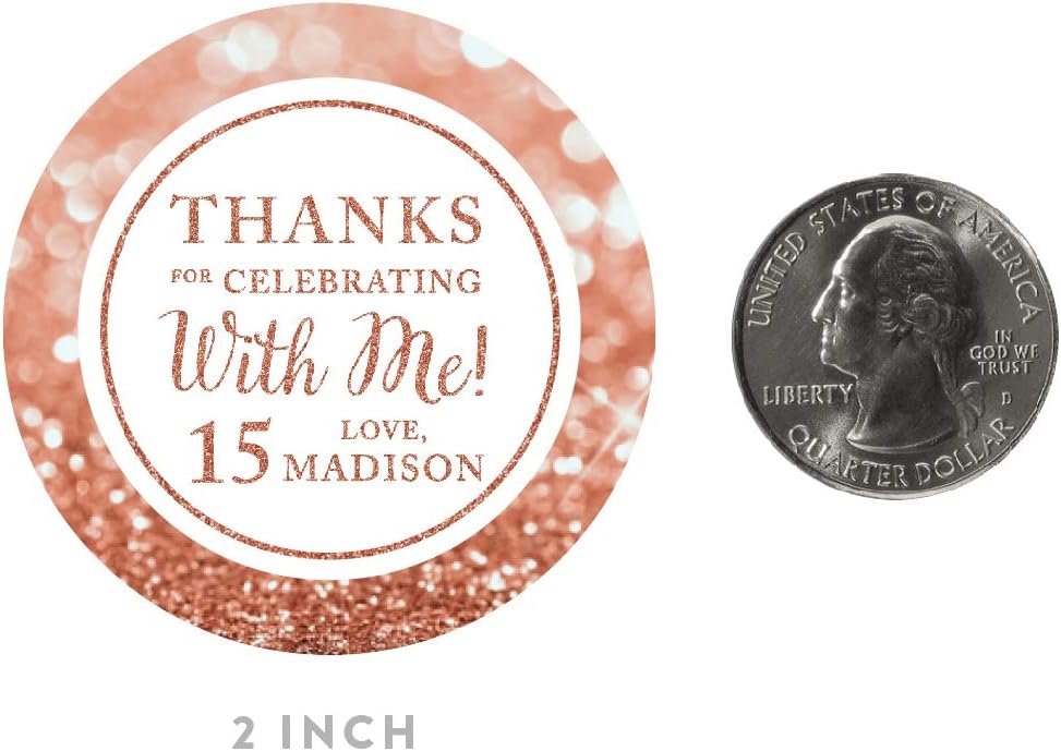 Andaz Press Etiquetas adhesivas redondas con purpurina de oro rosa sintético, con texto en inglés “Thank for Celebrating with Me 15”, “Mis