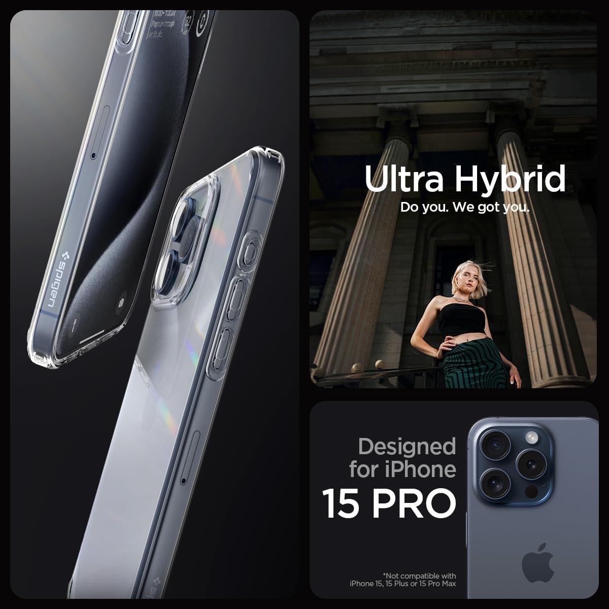 Spigen Funda ultra híbrida diseñada para iPhone 15 Pro (2023), antiamarilleo protección de grado militar – Transparente