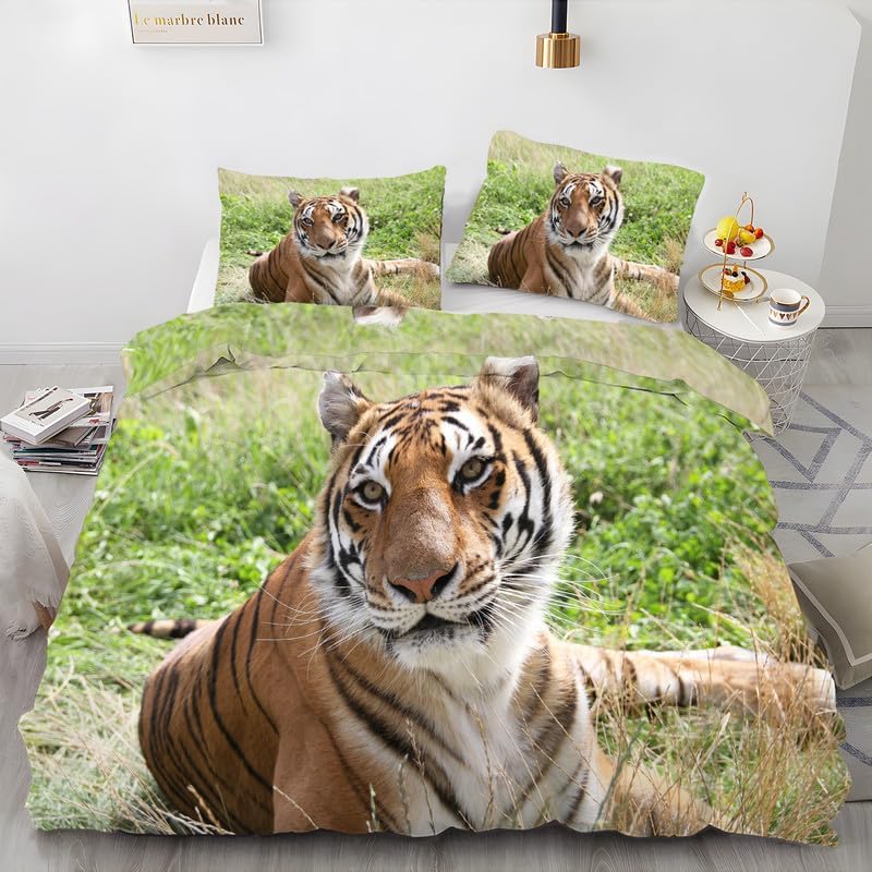Green Tiger Duvet Cover Queen Animal Print Bedding Sets Queen Soft Microfiber Comforter Cover and 2 Pillow Shams 20″X26″, Bed Set Duvet Covers with