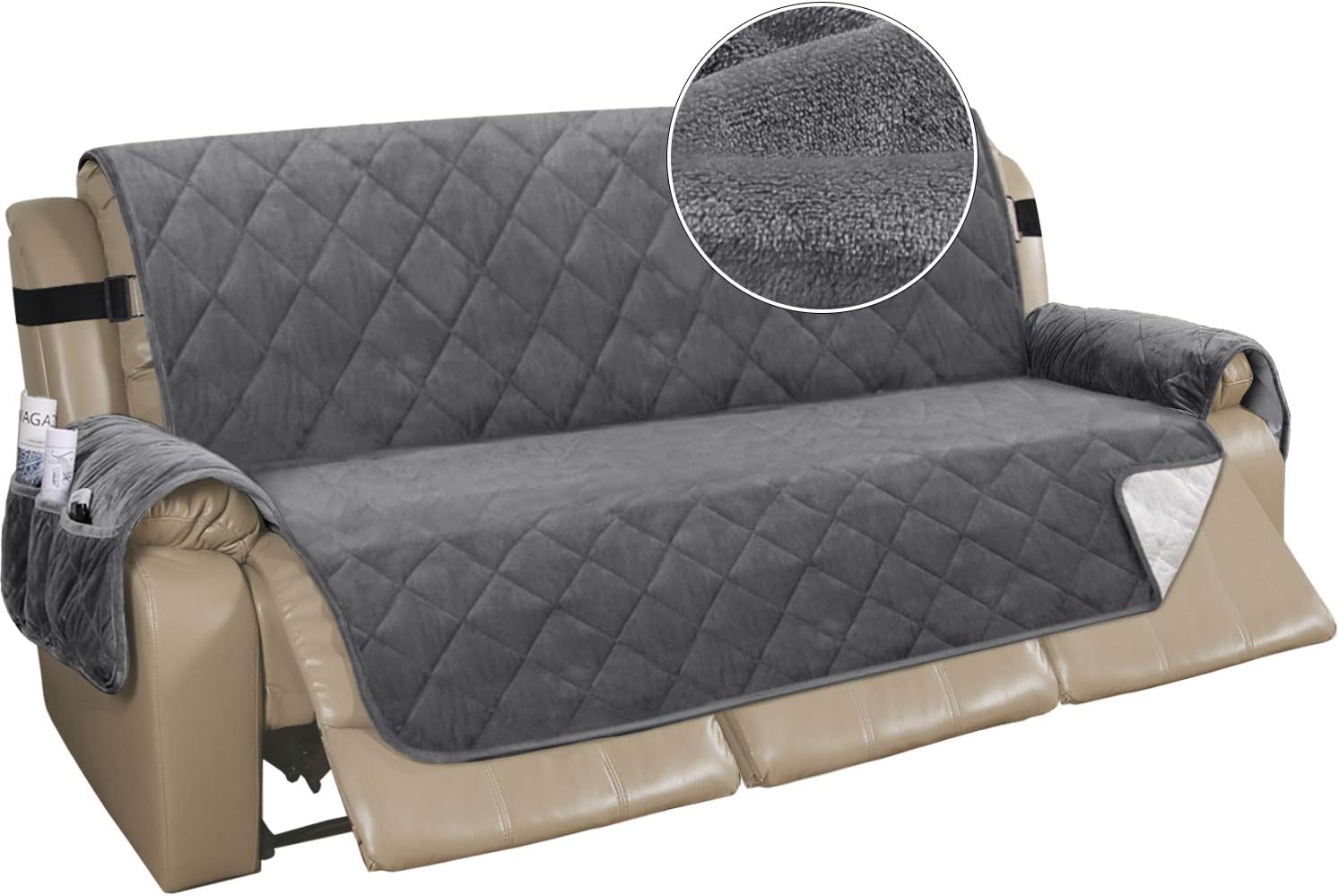 Turquoize – Funda de sofá reclinable de terciopelo, para sofá acolchado y reclinable con 3 cojines, resistente al deslizamiento, con correas, ancho