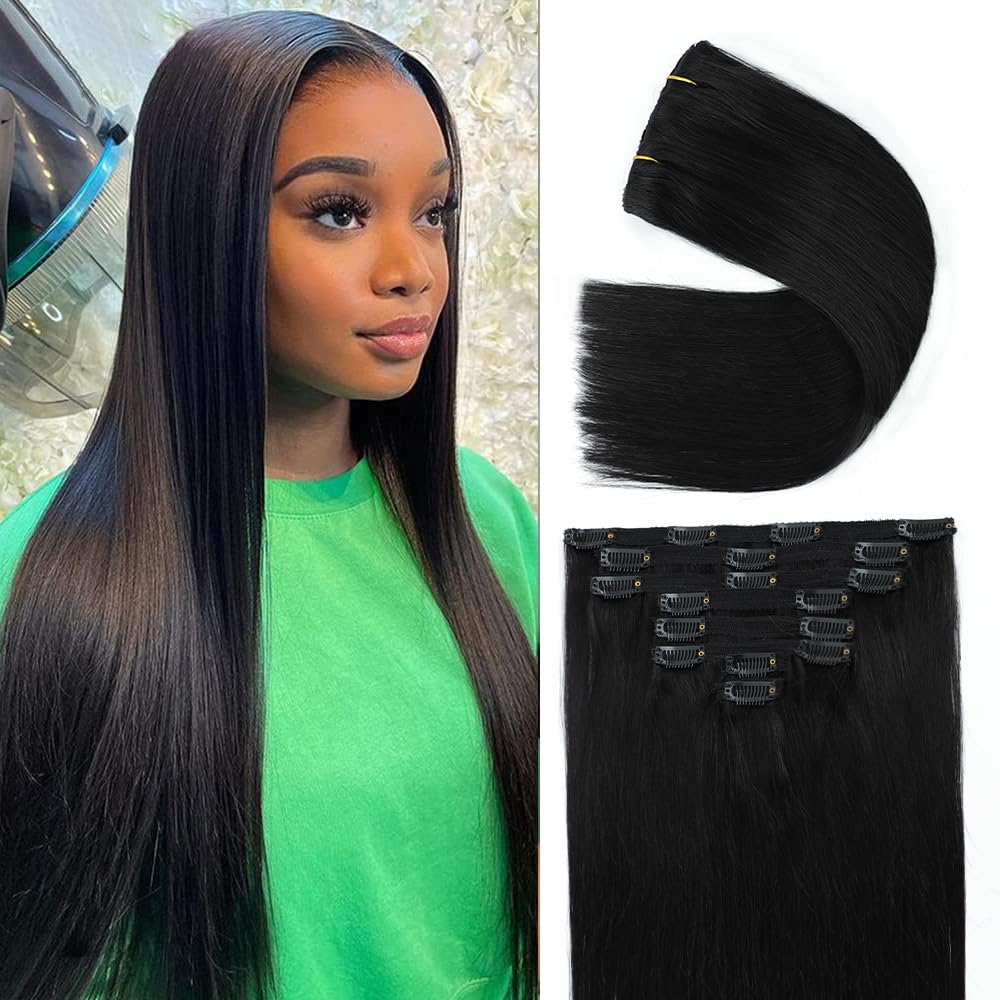 Extensiones de cabello humano real con broches, para mujeres negras, 4.23 onzas, 100% cabello humano con clip, 8 unidades, doble trama, hechas a
