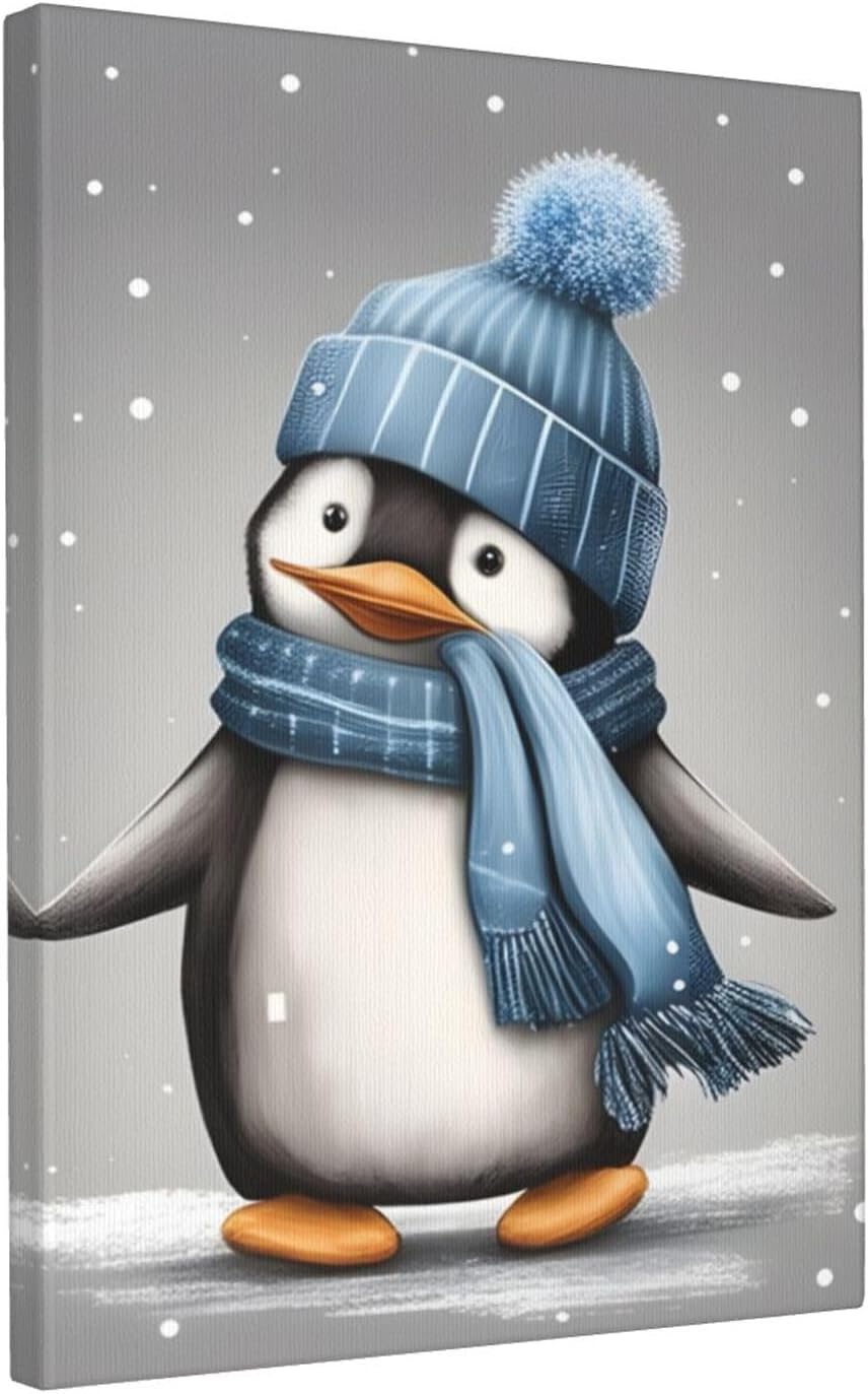 WEASYYDS Lienzo decorativo para pared de pingüino gris de invierno, con sombrero azul, impresión de pingüinos, imagen de animales, decoración para