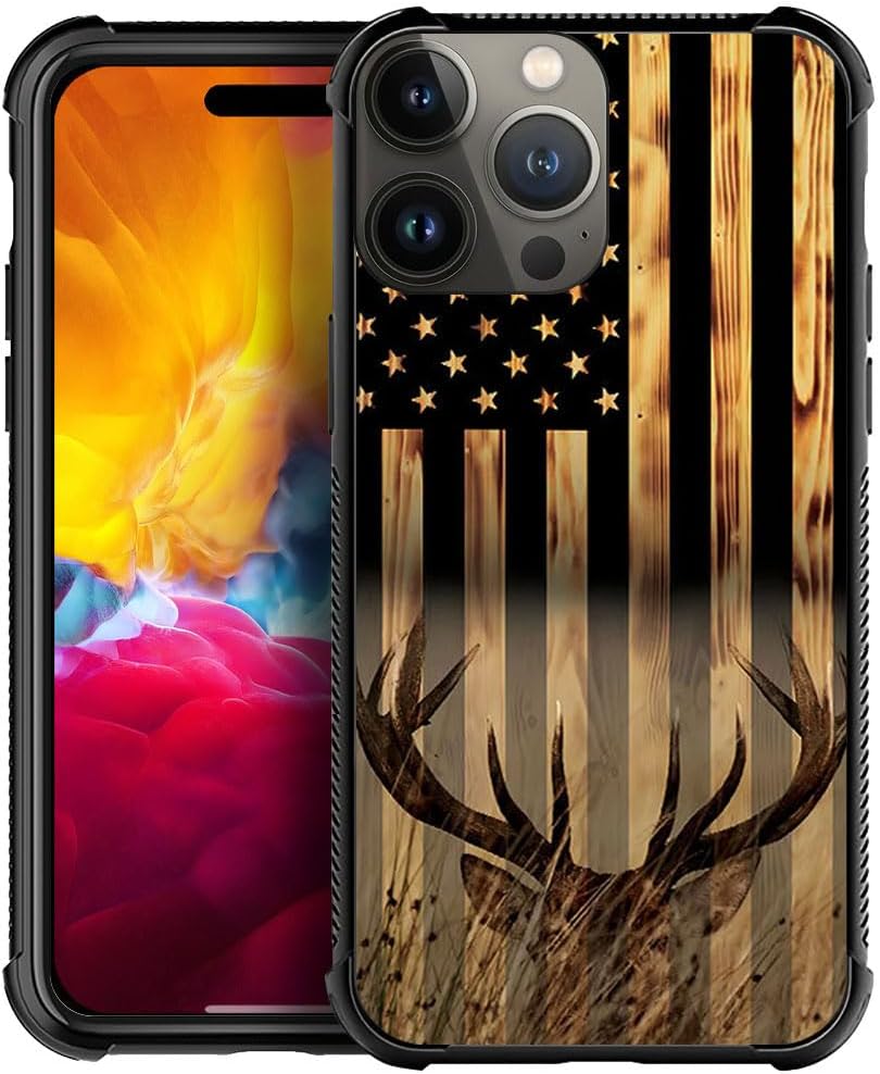 DJSOK Funda compatible con iPhone 15 Pro Max, funda de grano de madera con la bandera estadounidense Buck Hunter Deer para iPhone 15 Pro Max, fundas