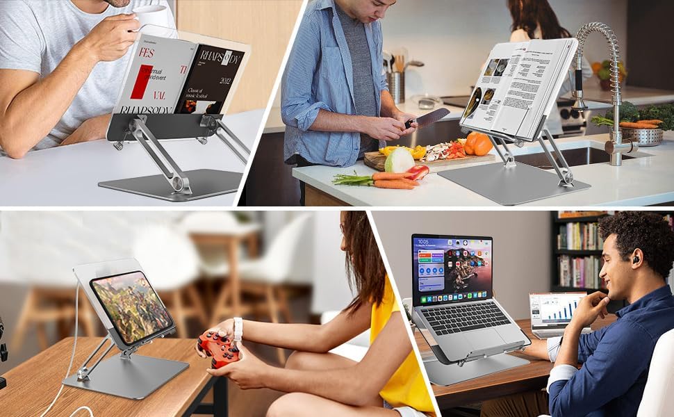 Soporte de acrílico para lectura, soporte ajustable de aluminio con múltiples ángulos y alturas, soporte ajustable para libros y clips de página,