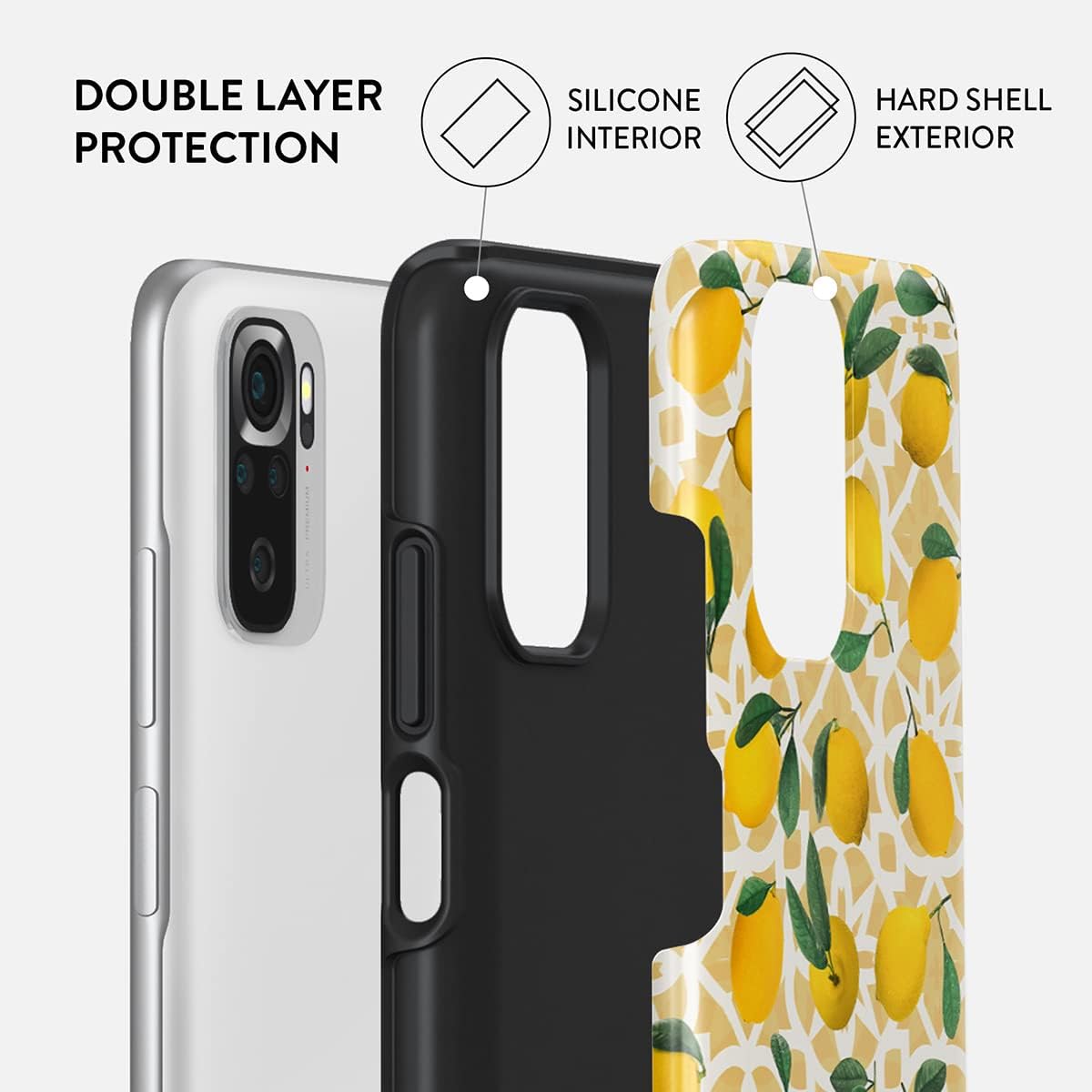 BURGA Phone Case Compatible with Xiaomi Redmi Note 10S – Hybrid 2-Layer Hard Shell + Silicone Protective Case -Lemon Pattern Vintage Fruits Citrus
