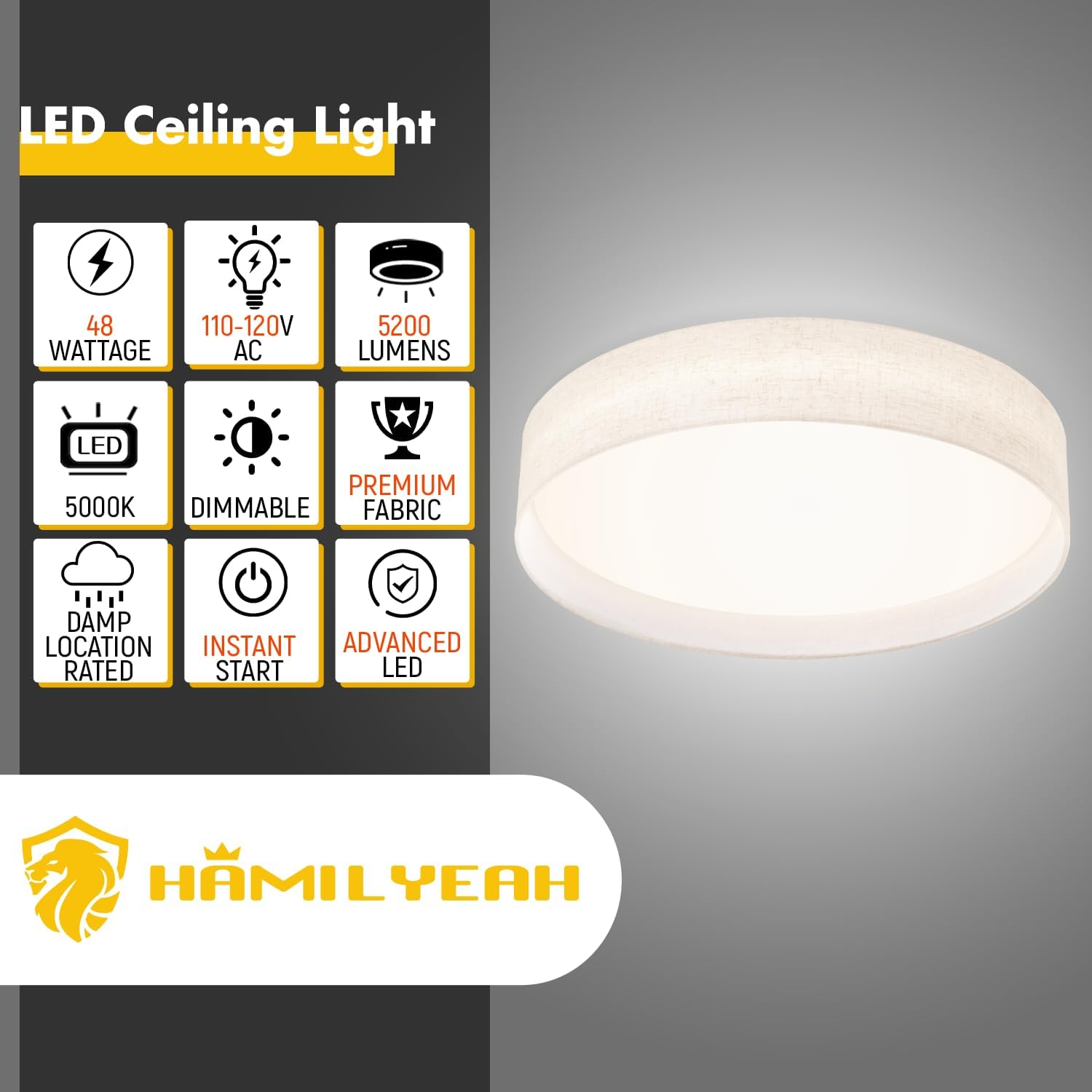 Hamilyeah Lámpara de techo de montaje empotrado de 20 pulgadas, regulable, luz de techo de 48 W con pantalla de tela, luz diurna de 5000 K, lámpara