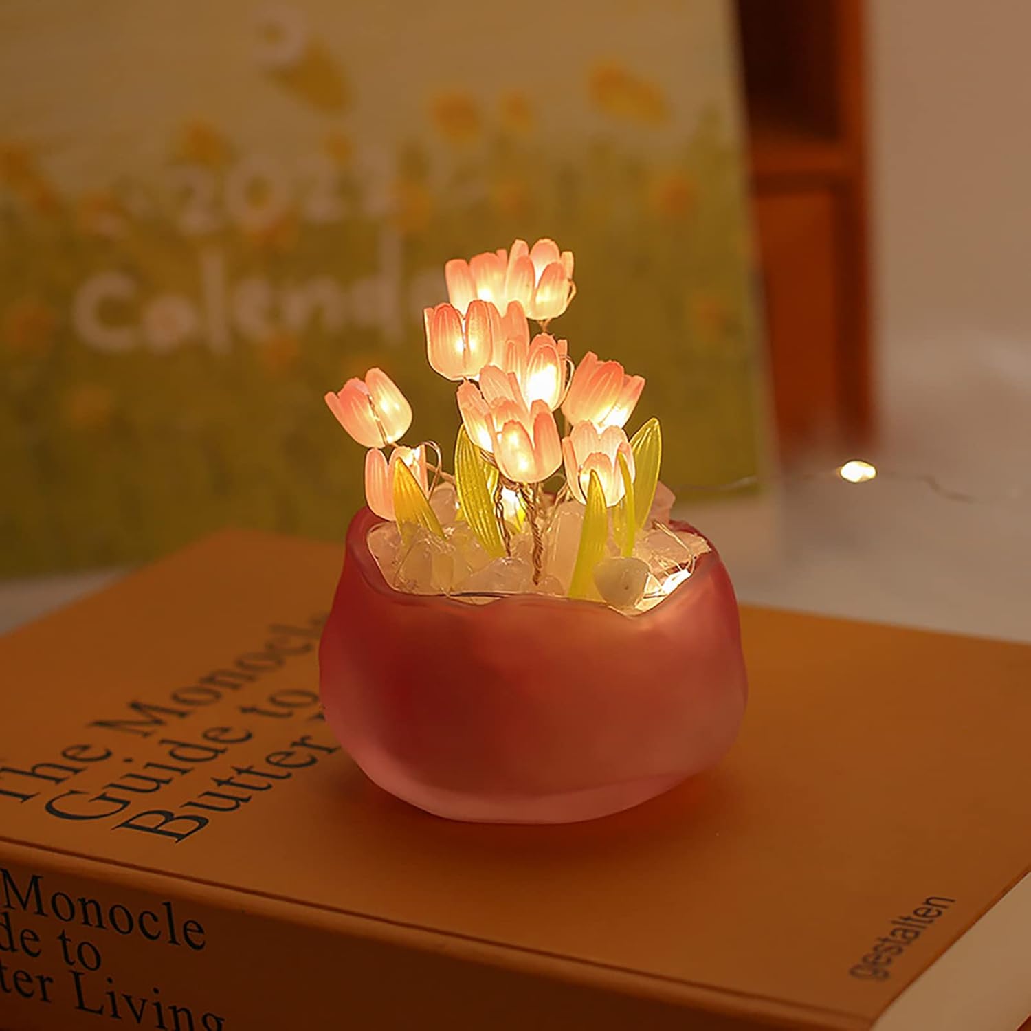 Luz nocturna de tulipán hecha a mano, bonita lámpara de mesa de flores de tulipán con maceta simulación para dormir, adornos para el hogar, sala de