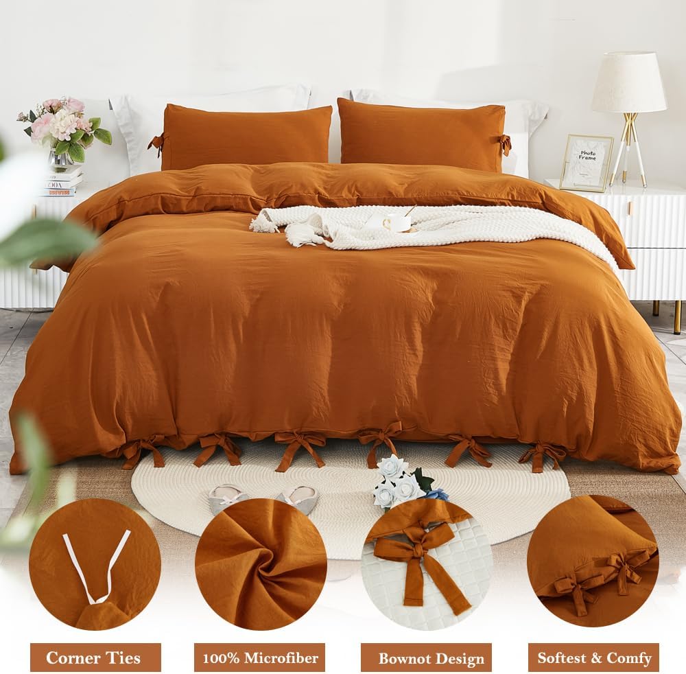 annadaif Juego de funda de edredón tamaño matrimonial, 3 piezas de microfibra lavada suave de calabaza, funda de edredón con lazo (1 funda de