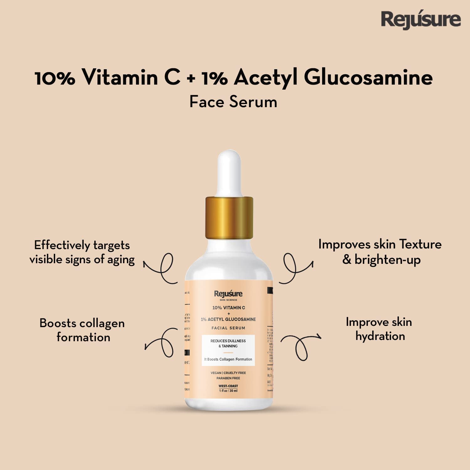 10% vitamina C + 1% acetil glucosamina suero facial para botas producción de colágeno y protege del medio ambiente – 1.0 fl oz