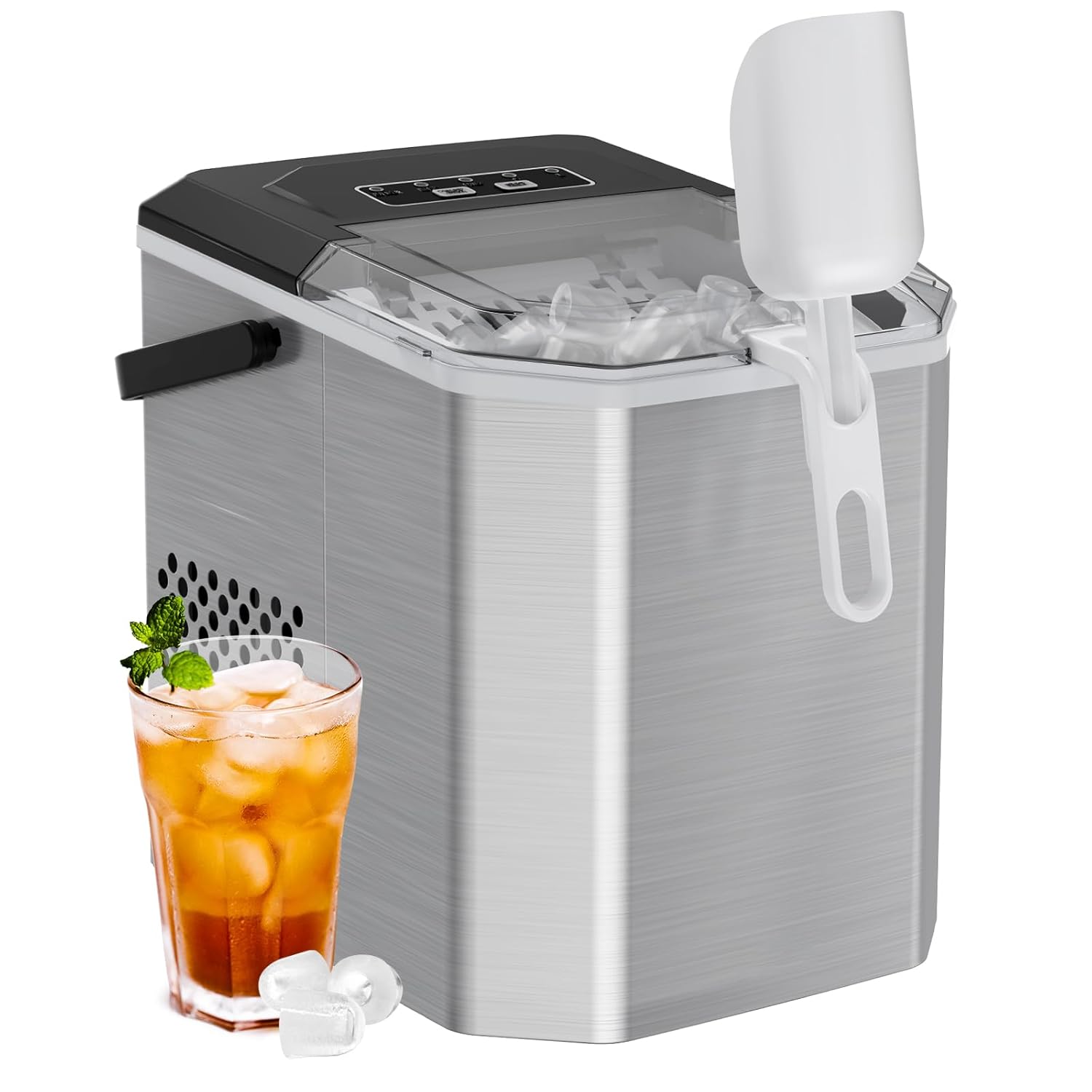 Silonn Máquina de hielo portátil de acero inoxidable con asa de transporte, máquinas de hielo autolimpiantes con cesta y cuchara, 9 cubos en 6
