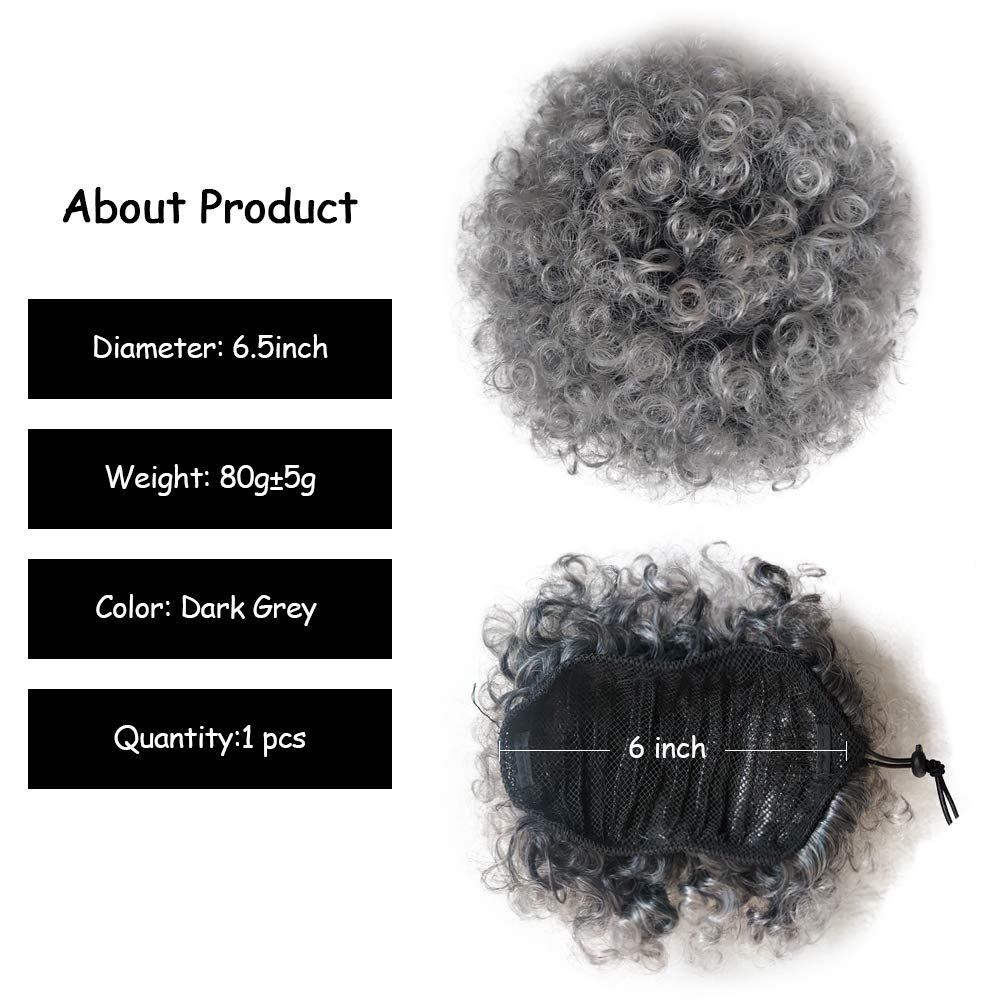 Yinmei Baibian Extensiones de moño afro corto con cordón de coleta afro, rizado y rizado, color gris oscuro, extensiones de moño sintético para