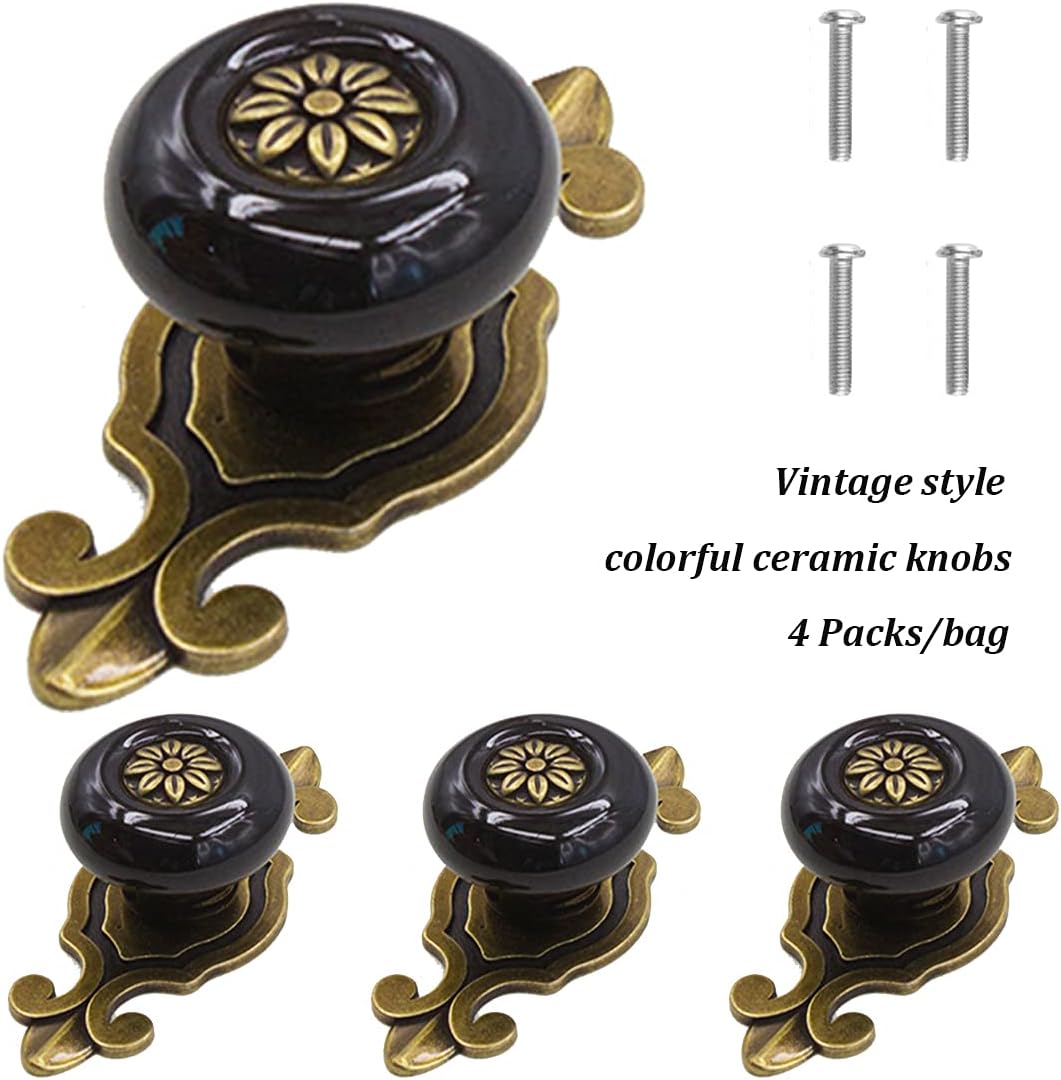 Pomos de cerámica para gabinete, 4 unidades Perillas vintage elegantes para cajones de vestir con placa trasera de bronce, manijas decorativas para