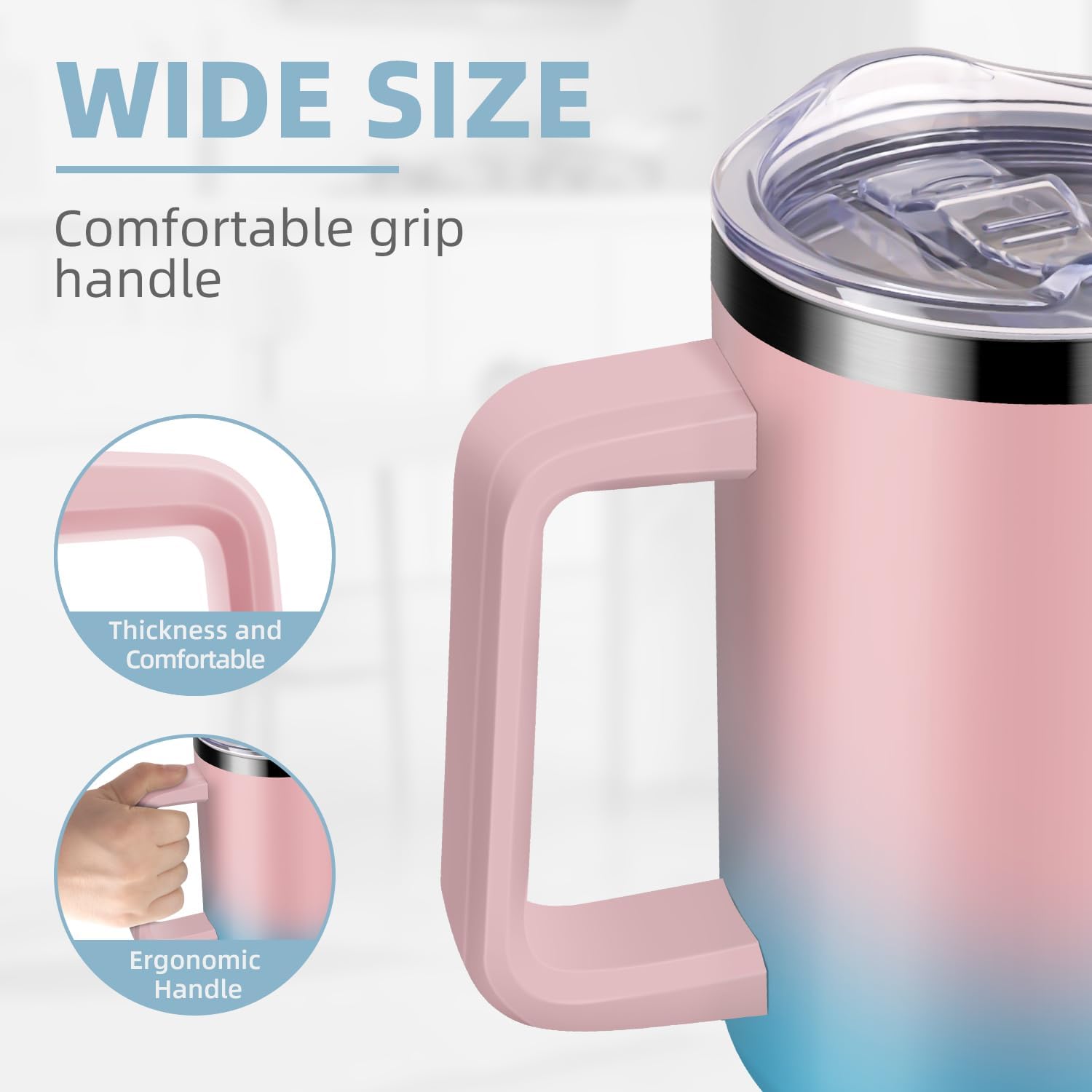 Vaso de 40 onzas con asa y tapa con pajilla, 100 % a prueba de fugas, taza de café de viaje con aislamiento de acero inoxidable, mantiene las