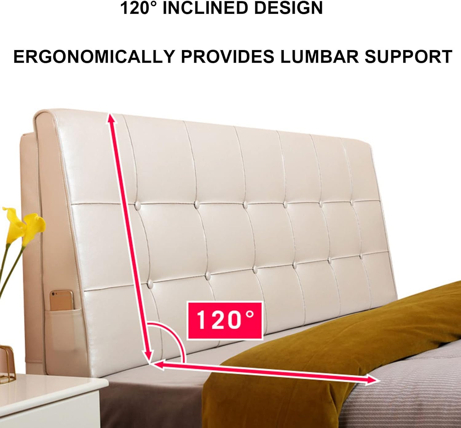 ZZYK Almohada tapizada con botones de cuero, respaldo y respaldo de lectura, soporte lumbar, almohada de cuña para sofá cama, litera con funda