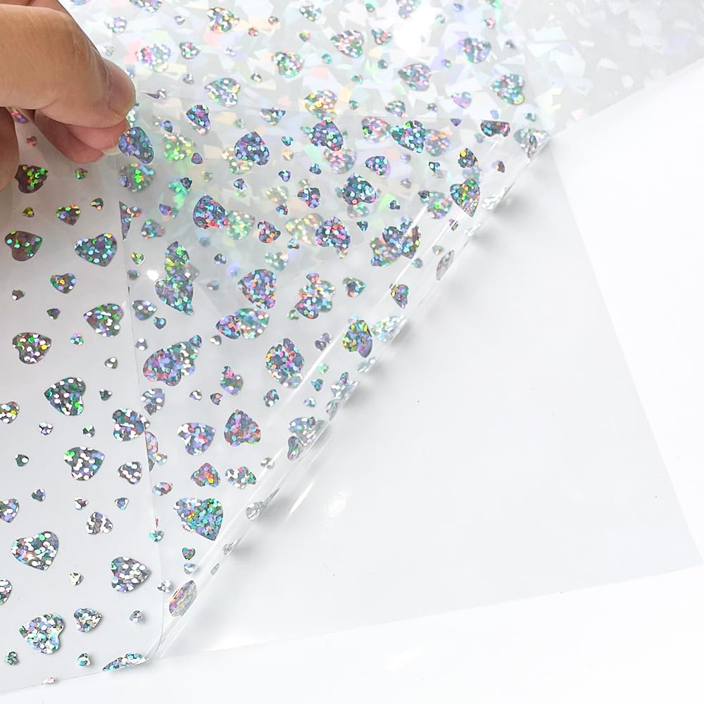Vinilo adhesivo holográfico permanente, 16 hojas de 12 x 12 pulgadas, película transparente iridiscente impermeable con moños de flores y patrones