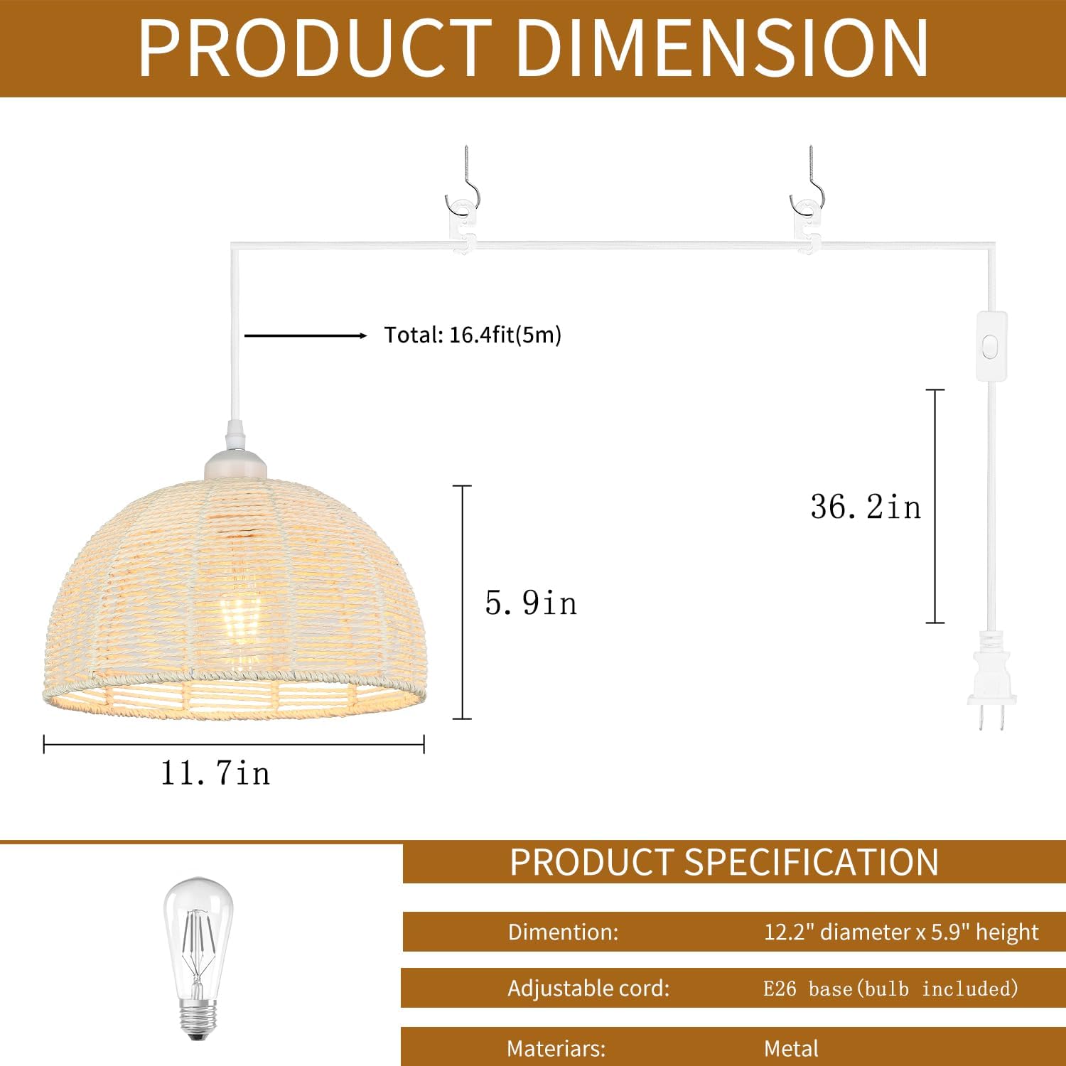 Worderdeng – Lámpara colgante de ratán enchufable, luces colgantes de 14.7 pies con estilo bohemio, lámpara colgante con pantalla de ratán de papel