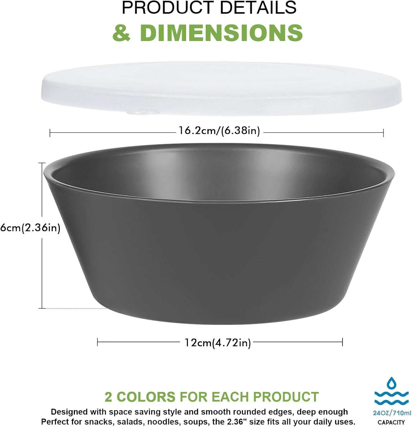 shopwithgreen Tazones de plástico para cereales con tapa a prueba de polvo, cuencos reutilizables para cocina, juego de 6, aptos para microondas y
