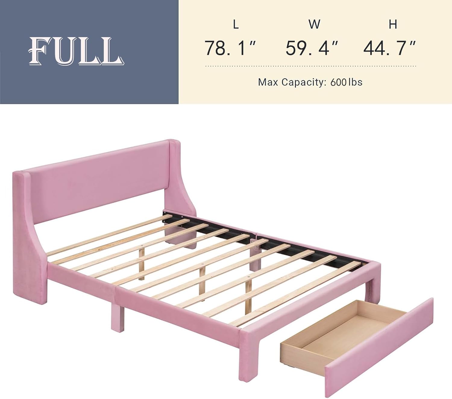 Base de cama tapizada de terciopelo de tamaño matrimonial con un gran cajón de almacenamiento y cabecera copetuda, soporte de listones de madera