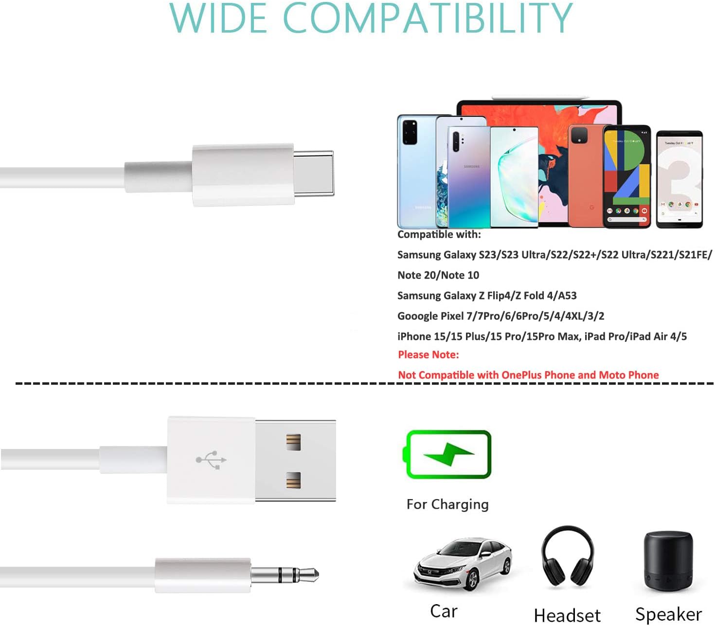 Cable auxiliar USB C a 0.138 in con cargador, 2 en 1 USB C a 0.138 in para auriculares estéreo de automóvil con carga PD de 18 W compatible con