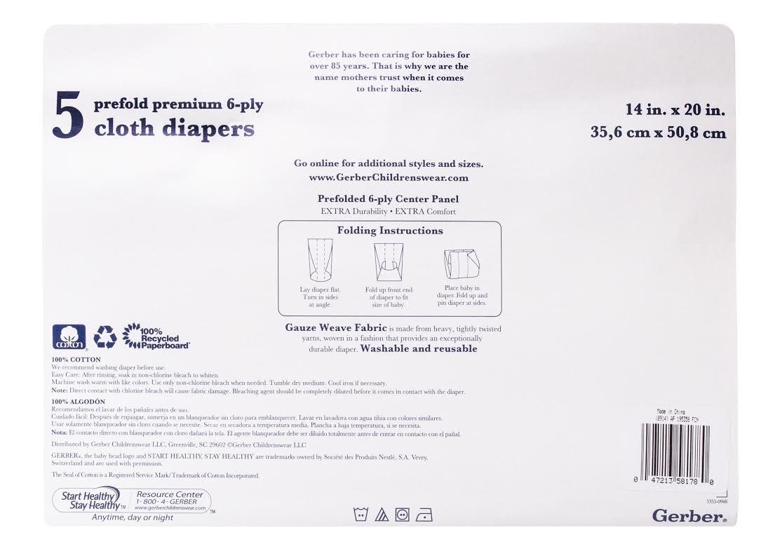 Gerber Pañales de tela prefold de 6 capas, paquete de 5