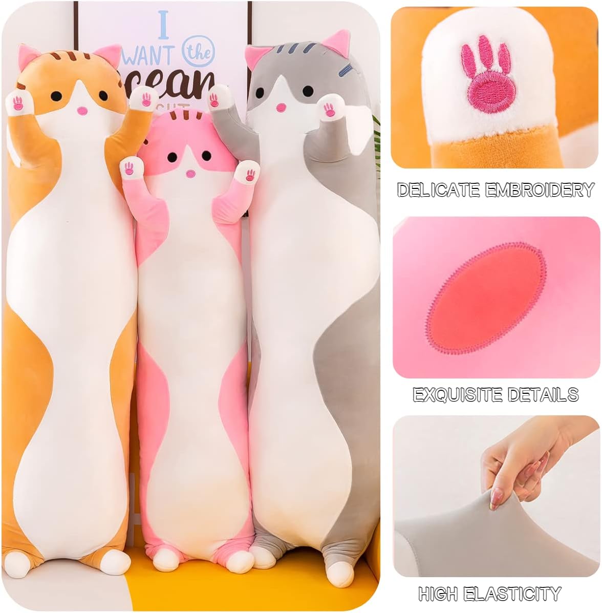 Almohada gigante de gatos de peluche con dibujos animados y gatitos, almohada para dormir, suave y larga para el cuerpo, muñeca y gato, cojín para