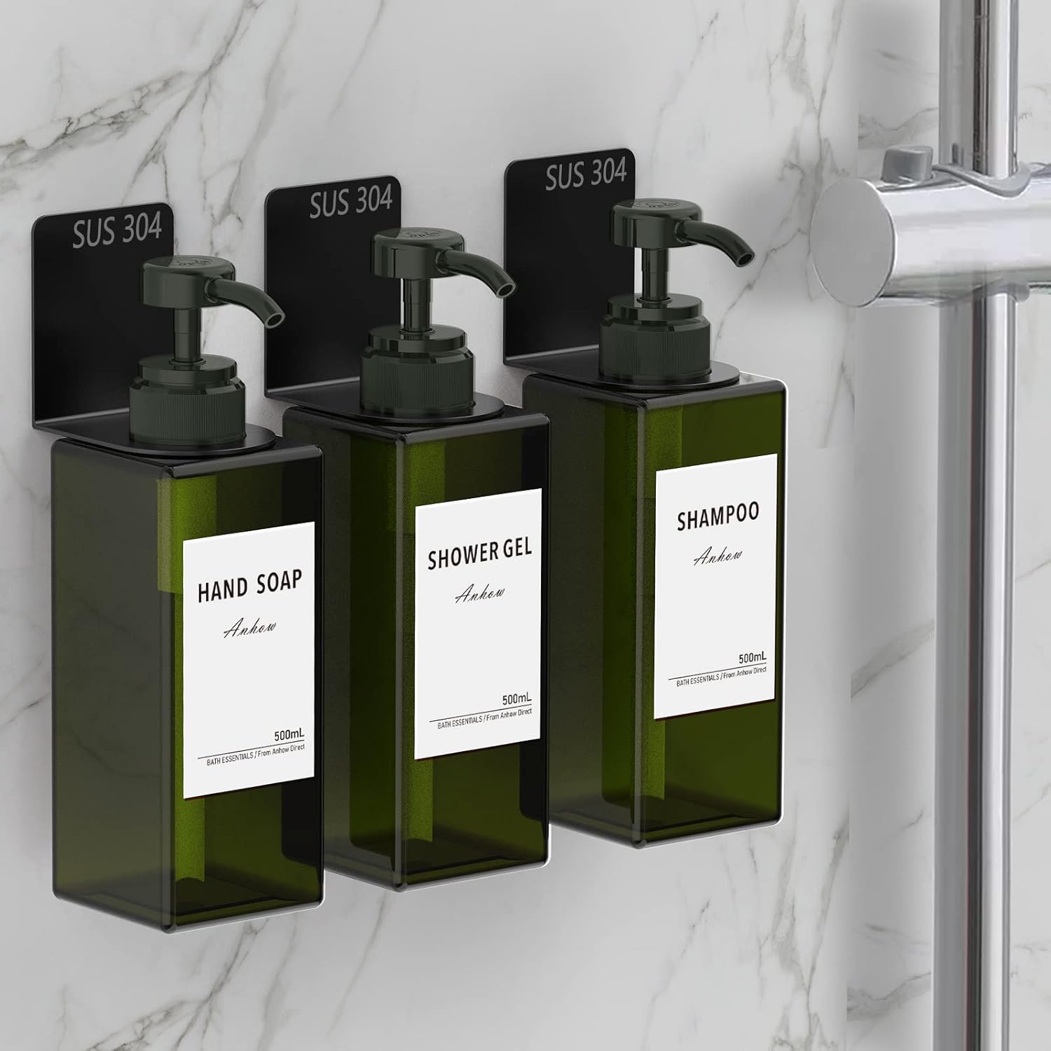Juego de 3 dispensadores de jabón, dispensador de champú y acondicionador de jabón de manos de 16.9 fl oz, sin taladros, montaje en pared con 12