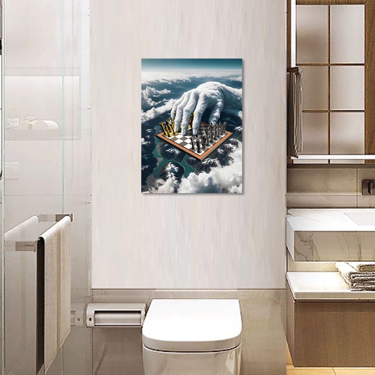 Kyiyhzp Arte de pared de ajedrez, nube blanca, paisaje de montaña, imagen creativa para decoración moderna y elegante del hogar, baño, dormitorio,