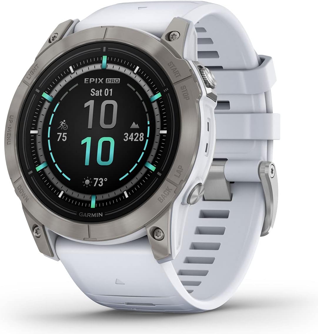 Garmin epix Pro (Gen 2) Sapphire (TitanioPiedra Blanca) Reloj GPS para exteriores  2.008 in con pantalla AMOLED y linterna integrada  Paquete de