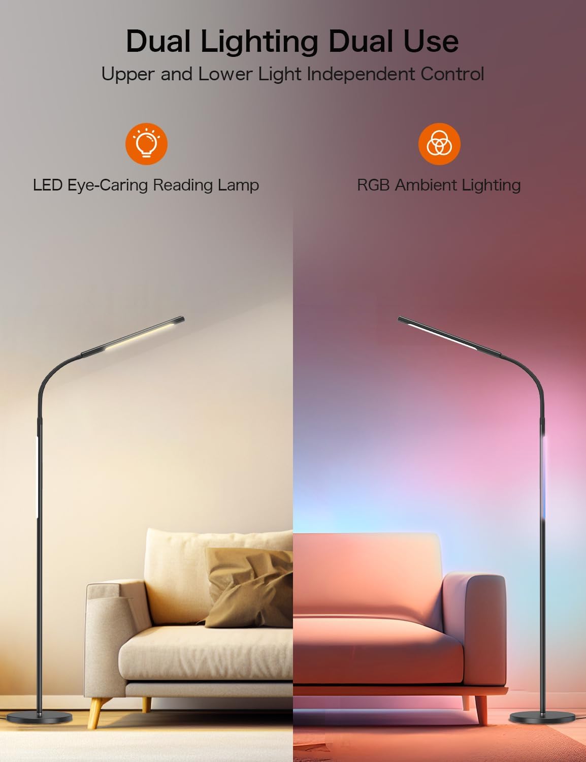 Lámpara de pie LED, 15 W regulable brillante lectura y luz de ambiente RGB, 4 temperaturas de color, control remoto y táctil, sincronización de