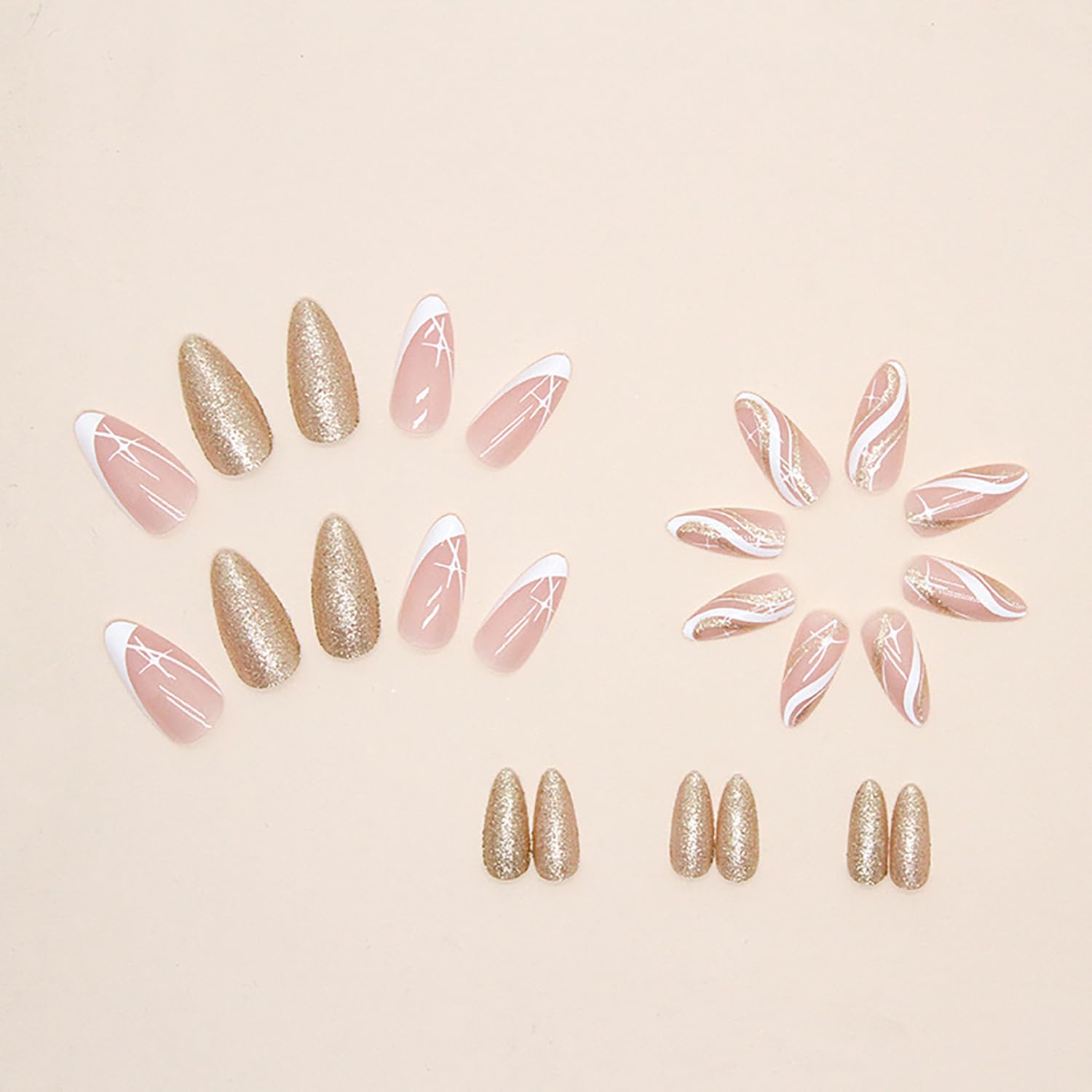 Uñas postizas acrílicas artificiales de almendra media con diseño de estrellas onduladas blancas, cobertura completa, reutilizables, estilo ataúd,