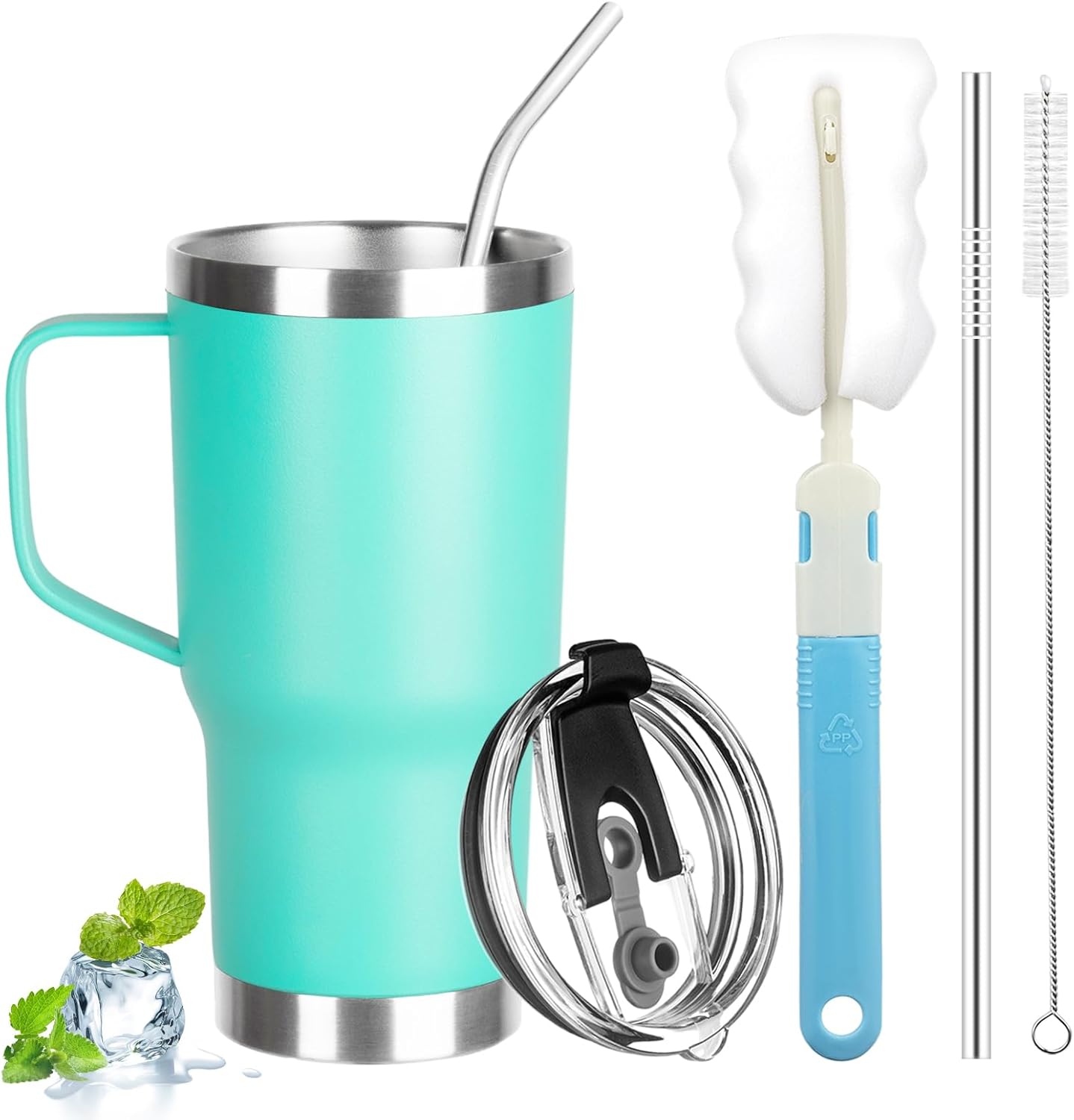 GUDEMAO Vaso de 20 onzas con asa, vasos aislados de acero inoxidable con tapa y popote, vaso aislado al vacío de doble pared, a prueba de fugas,