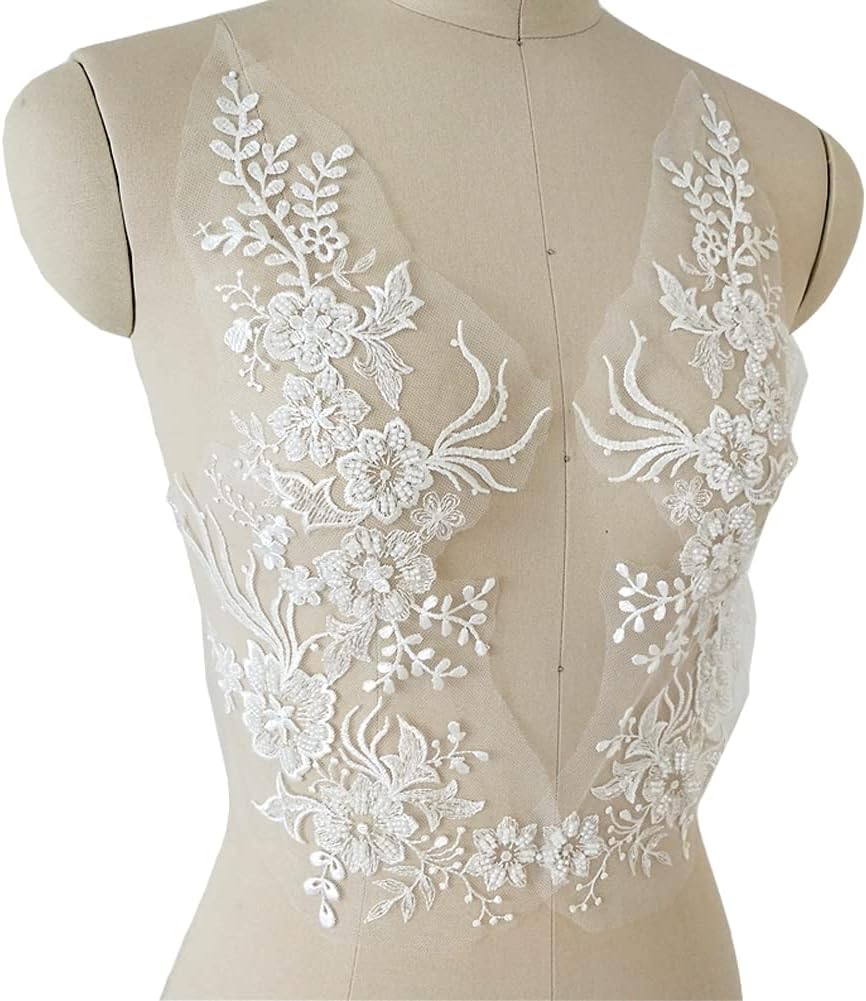 Bordado de flores 3D con ribete de encaje, cuentas de lentejuelas blancas, parches bordados florales para coser en apliques para vestido de novia,