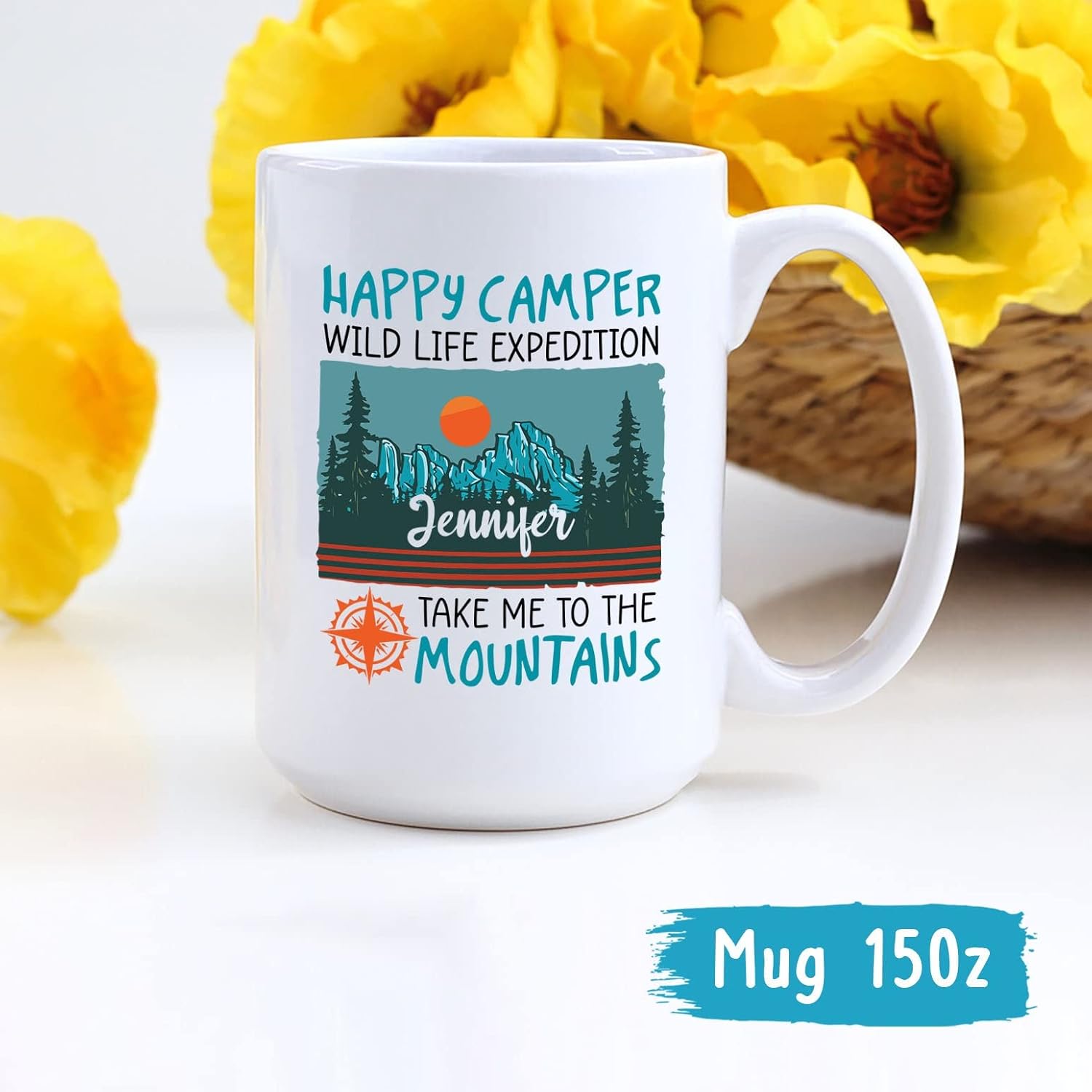 Taza de café con texto en inglés Happy Camper Wild Life Expedition Take Me To The Mountains, taza de campamento, regalos de campamento