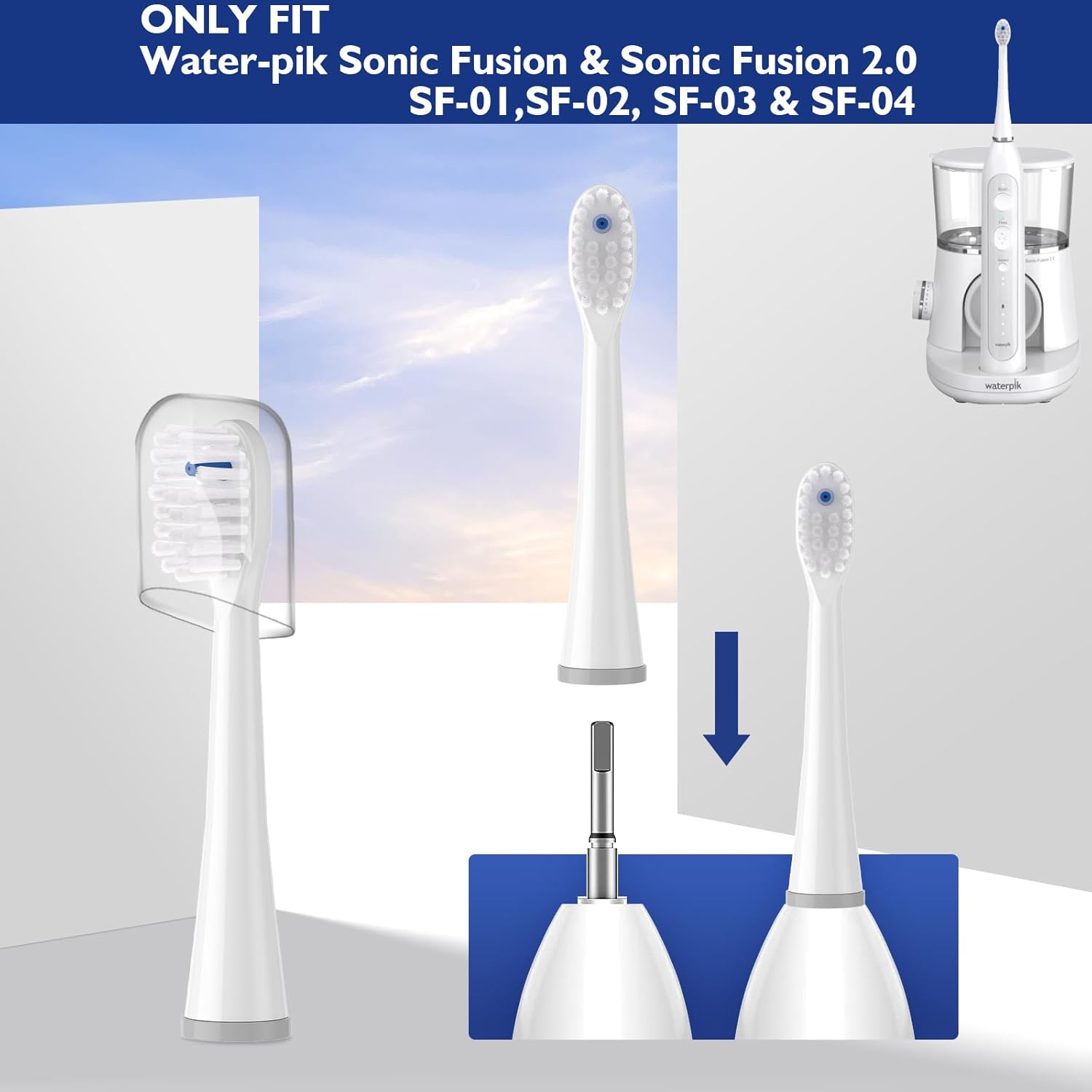 Cabezales de repuesto para cepillo de dientes Water-Pik Sonic Fusion y Sonic Fusion 2.0, SF01, SF02, SF03 y SF04, cerdas transparentes, forma
