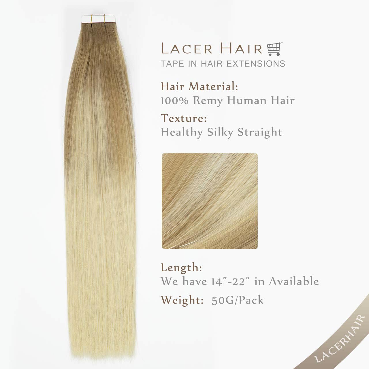 Lacer Extensiones de cabello rubio con cinta adhesiva de doble cara, trama de piel sin costuras, color marrón claro #8, balayage, rubio platino,