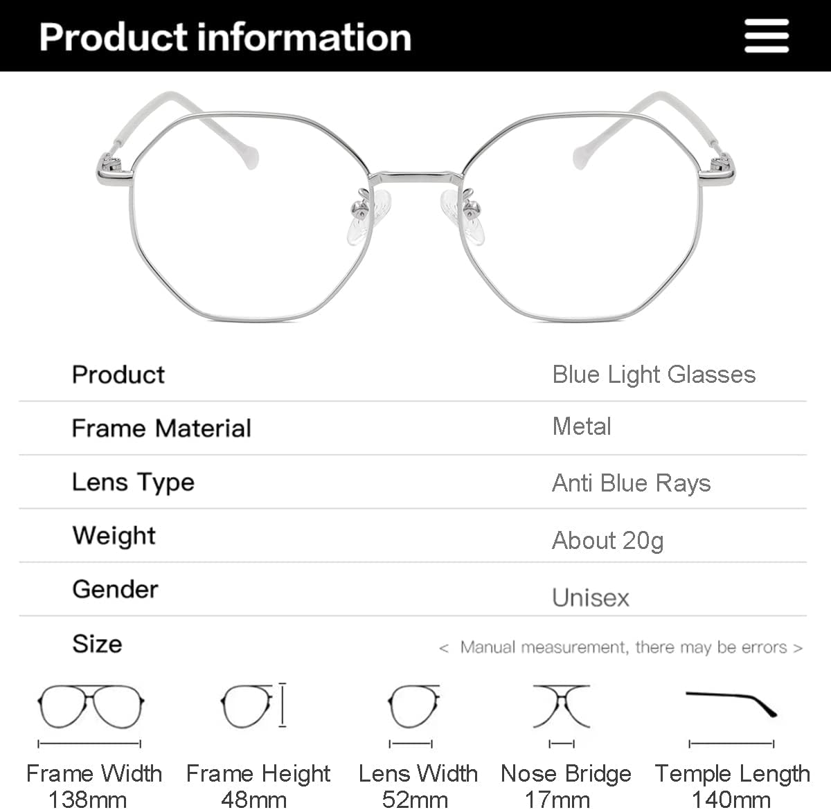 Gleyemor Gafas de luz azul para mujeres y hombres, gafas vintage octogonal con marco de metal para computadora (plateado)