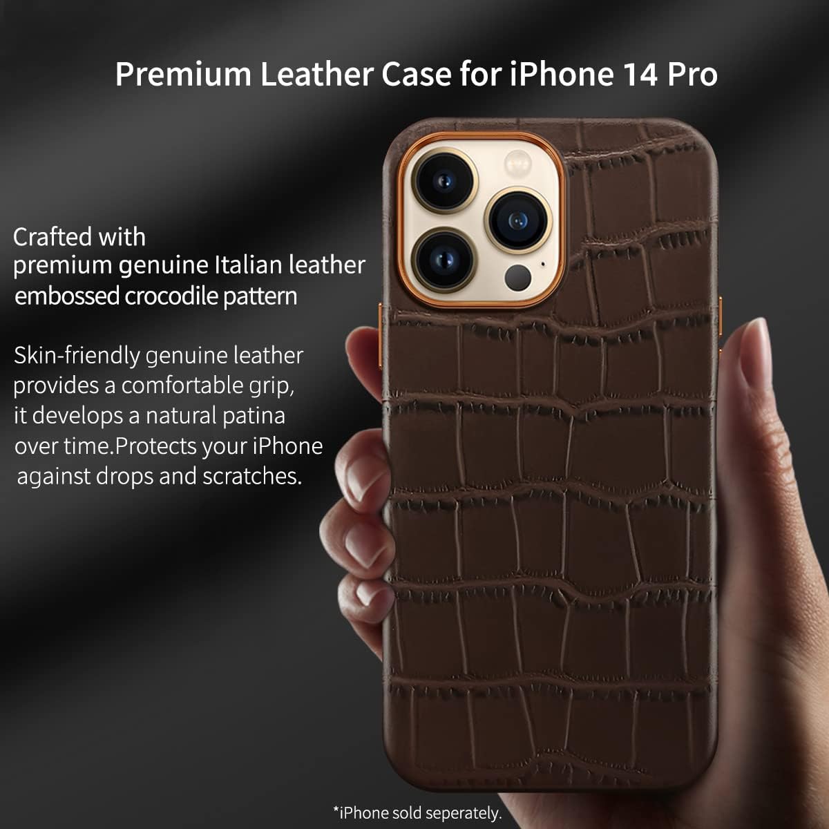 Docco Jette Funda de piel compatible con iPhone 14 Pro, piel de vaca genuina, patrón de cocodrilo en relieve para iPhone 14 Pro, imanes integrados