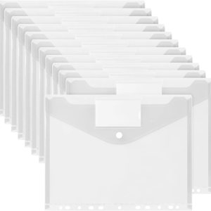 Paquete de 12 sobres de plástico transparentes con 11 agujeros, carpetas expandibles para bolsa de documentos de 234 anillas, botón a presión y Paquete de 12 sobres de plástico transparentes con 11 agujeros, carpetas expandibles para bolsa de documentos de 234 anillas, botón a presión y