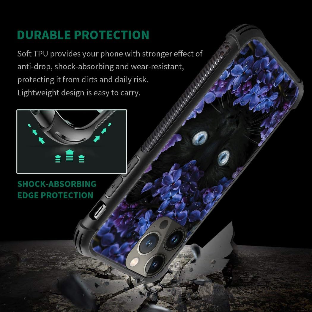 CARLOCA Funda compatible con iPhone 15 Plus, funda negra con patrón de gato Mumbai Clivia para iPhone 15 Plus, ultra protección, a prueba de golpes,