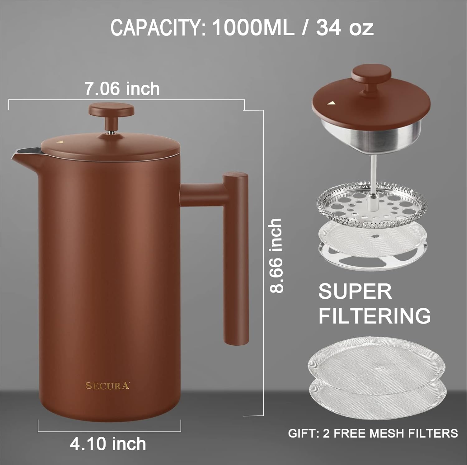 Secura – Cafetera de prensa francesa de acero inoxidable 304 con 2 filtros adicionales