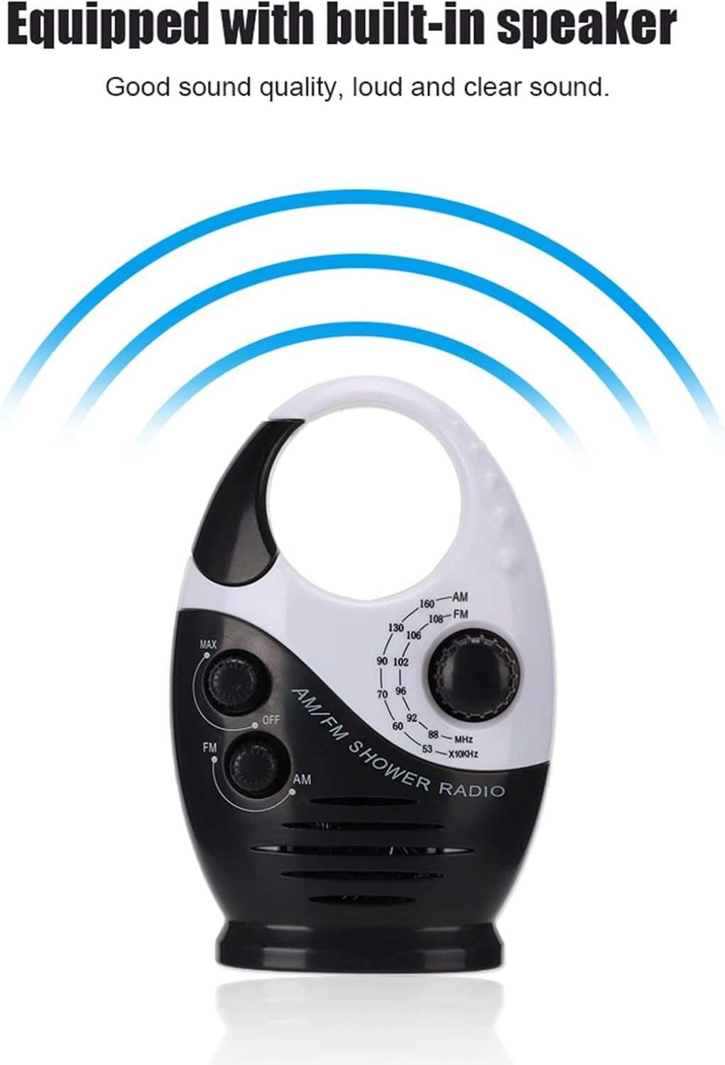 Radio de ducha impermeable, radio AMFM con altavoces de volumen ajustables, altavoces portátiles alimentados por batería con mango de gancho para