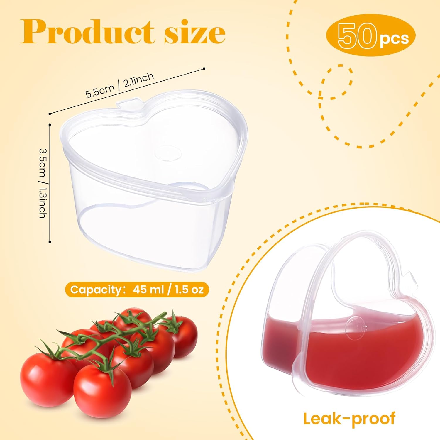 RONRONS 50 tazas de salsa desechables con tapas, vasos de plástico en forma de corazón de gelatina de 1.5 onzas, recipientes transparentes para