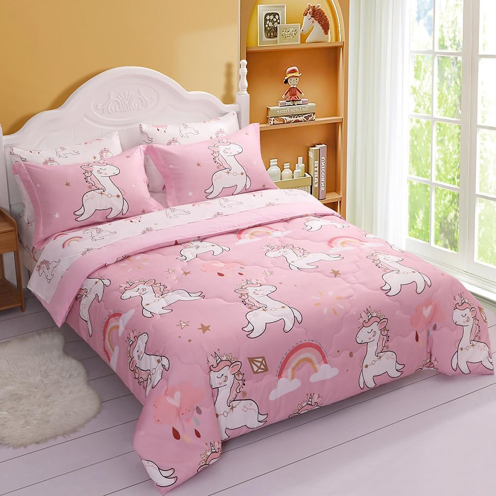 Wajade Juego de edredón de unicornio rosa para niños, cama en una bolsa, tamaño individual, 7 piezas, bonito juego de ropa de cama de unicornio y