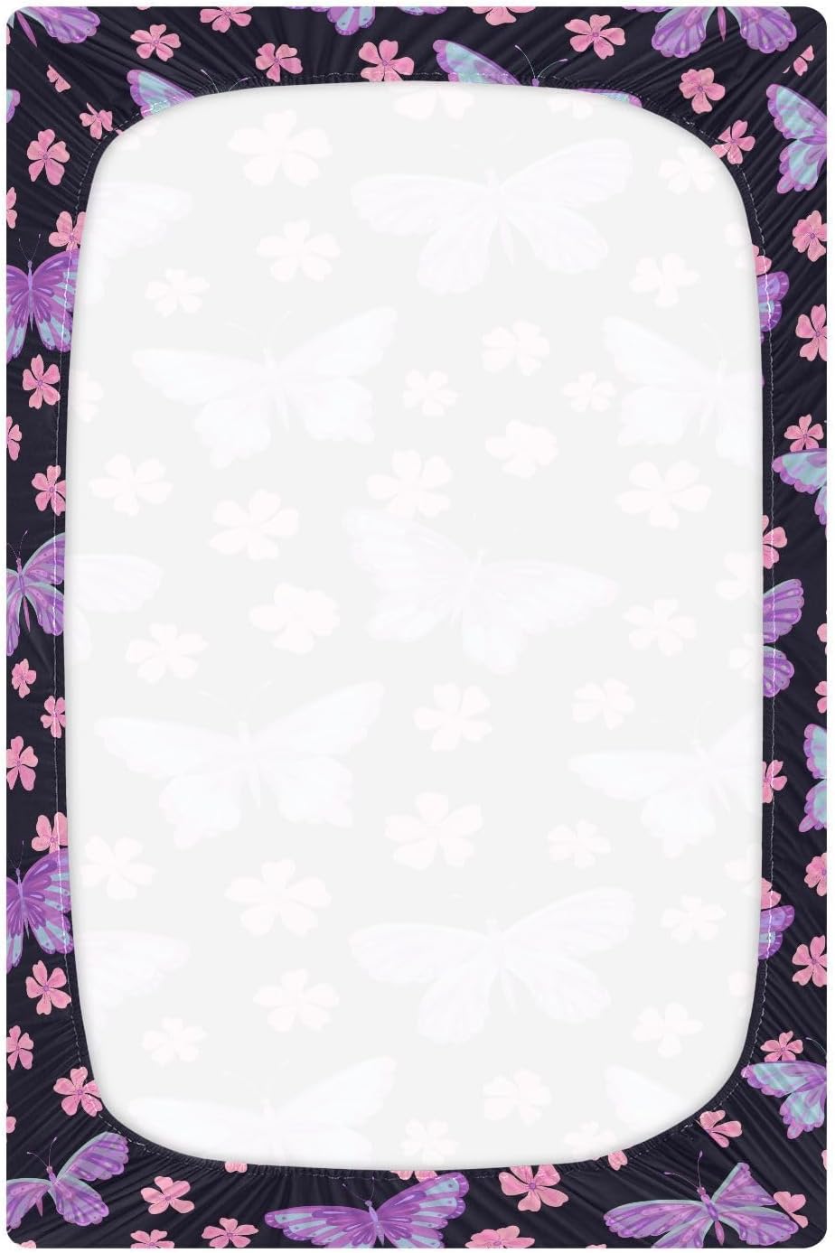 Sábanas bajeras ajustables para cuna, diseño floral, mariposas moradas, portátiles, para bebé y niño, colchón suave y transpirable para cuna de 39 x