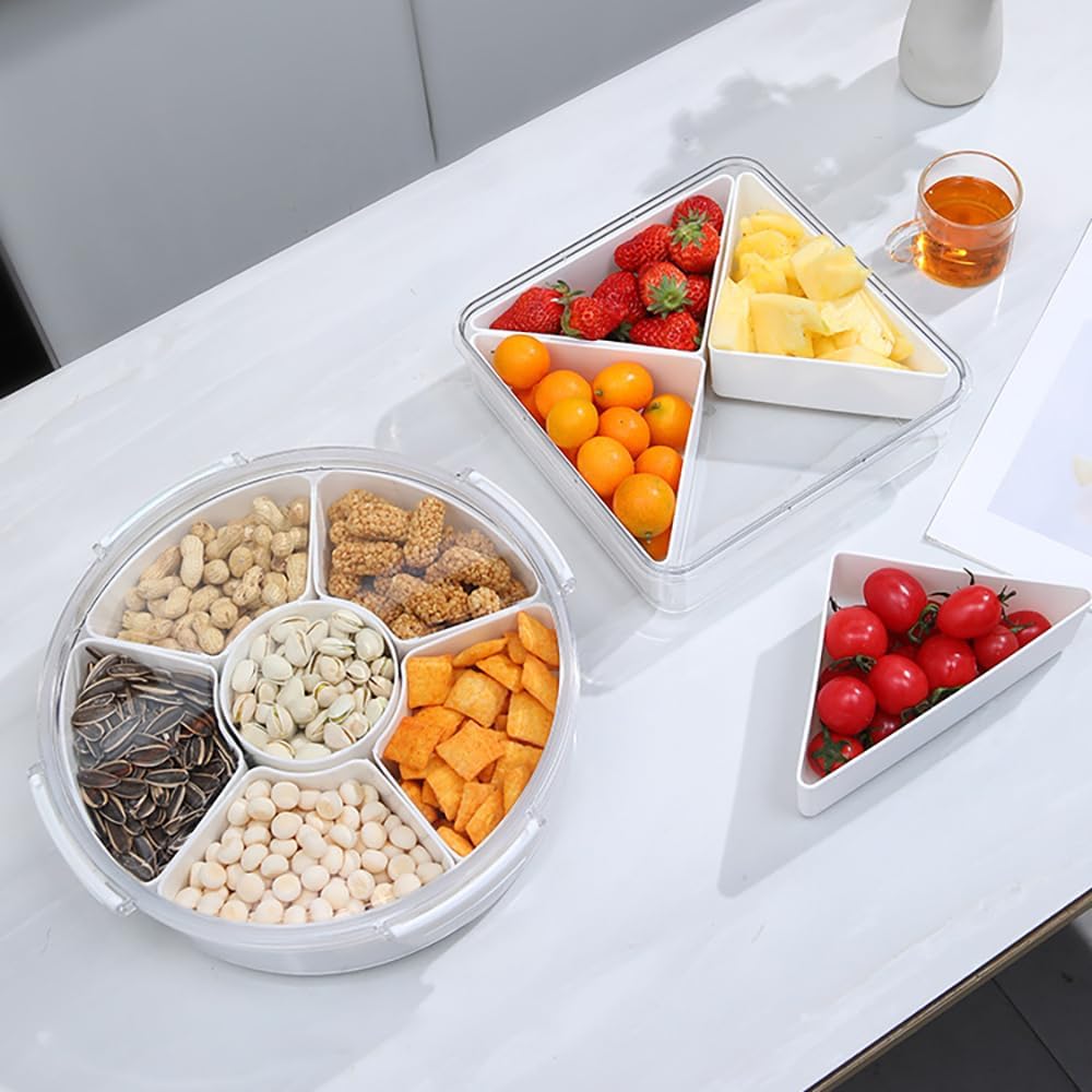 Paquete de 2 bandejas de verduras con tapa para organizador de refrigerador, contenedor dividido para aperitivos con 4 compartimentos para servir