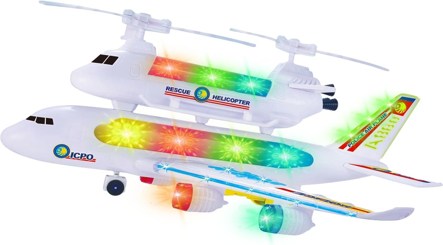 PowerTRC Bump and Go – Avión de juguete para niños con helicóptero de rescate acoplable, tiene luces 4D intermitentes y sonido, modelo de avión de