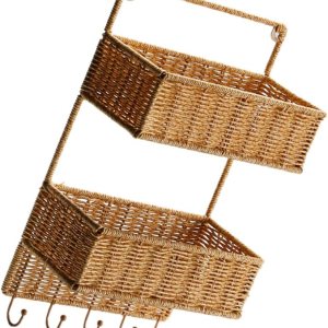 Angoily Cesta clasificadora de almacenamiento tejida de 2 niveles con 5 ganchos, cesta de frutas colgante de ratán para cocina, verduras, Angoily Cesta clasificadora de almacenamiento tejida de 2 niveles con 5 ganchos, cesta de frutas colgante de ratán para cocina, verduras,