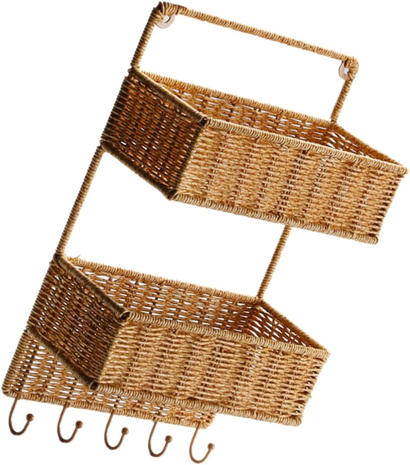 Angoily Cesta clasificadora de almacenamiento tejida de 2 niveles con 5 ganchos, cesta de frutas colgante de ratán para cocina, verduras,